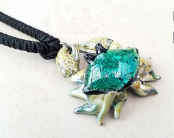 Sand Crab Pendant Necklace Handmade Glass Jewelry Best Friend Gift for Mom Aquamarine Beach Glass Blown Glass Gift Idea for Him or Her