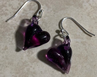 Purple Heart Earrings, Blown Glass Earrings, Love Jewelry, Love Hearts In Love Gift