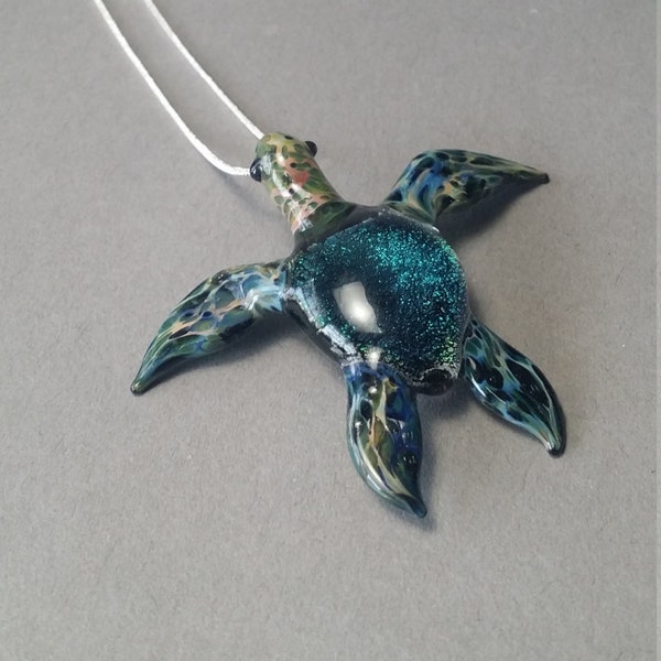 Emerald Blue Sea Turtle Necklace for Scuba Diving or Beach Jewelry Blown Glass Pendant Ocean Jewelry