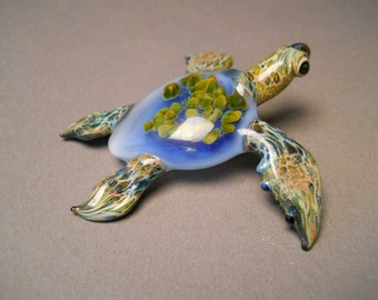 Blue Diamond of the Sea Glass Sea Turtle Love Gift Art Glass Ocean Beach Sculpture Blown Glass