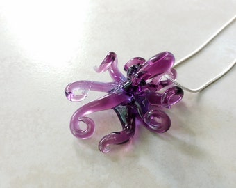 Purple Octopus Pendant Glass Art Sculptured Necklace Octopus Jewelry Gift for Man or Women Gift