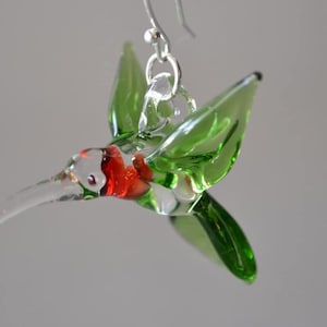 Hummingbird Dangle Glass Earrings. Ruby Red Throat Hummer a Great Gift for your Girlfriend or Mom