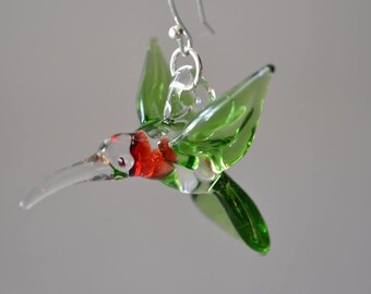 Hummingbird Dangle Glass Earrings. Ruby Red Throat Hummer a Great Gift for your Girlfriend or Mom