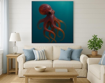 Amber Fire Octopus Artwork-Ocean Creatures Fine Art Print, Glass Sculpture Inspired Digital Wall Decor