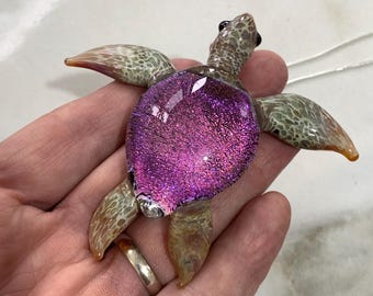 Hand Blown Glass Sea Turtle Pendant: Dichroic Tortoise Shell Personal Gift Jewelry by GLASSnFIRE