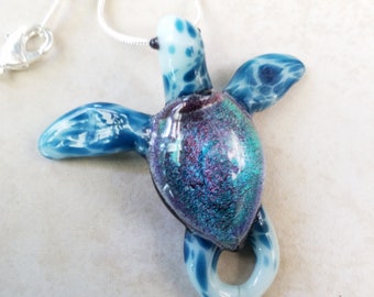 Sea Turtle Pendant Necklace, Sea Glass Colored Turtle Jewelry with Dichroic Purple and Turquoise Colored Shell Mint Spotted Head an Flippers