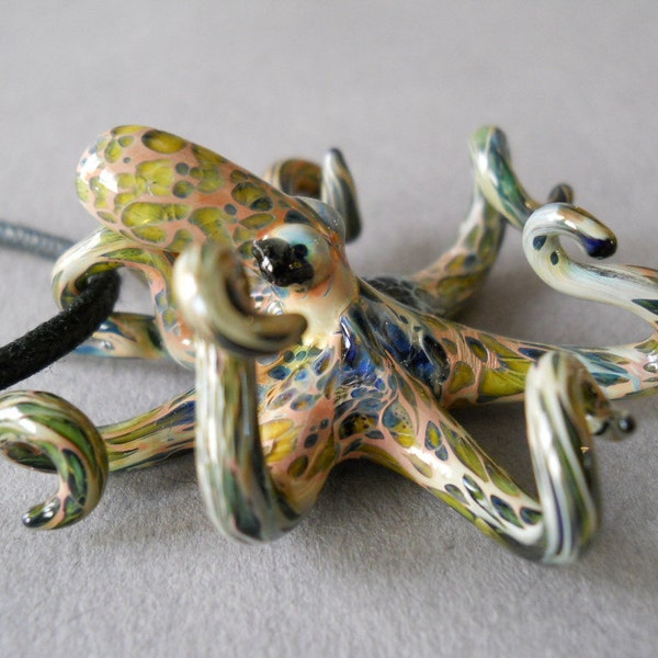 Hand Blown Glass Octopus Pendant Necklace: Aqua Marine Beach Jewelry