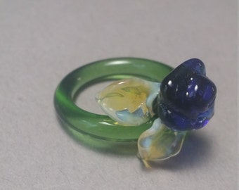 Blue Rose Ring or Blown Glass Ring Enchanted Rose form Rose Patch Nice Handmade Flower Jewelry for Her or an exellent Gift for Girlfriend