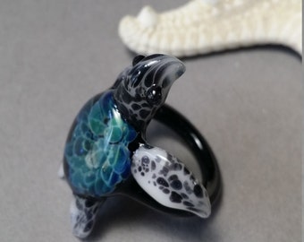 Aquamarine Ring Turquoise Sea Turtle Jewelry Ring Lampwork Glass Ring Art Gifts Nature Jewelry Beach Gift Rings