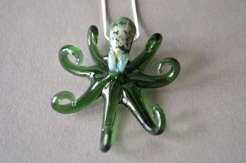 Green Blown Glass Pendant Octopus Pendant Jewelry Sea Glass coloring Kraken Tentacle Gift Idea Love Octopus Jewelry on Silver Chain image 1