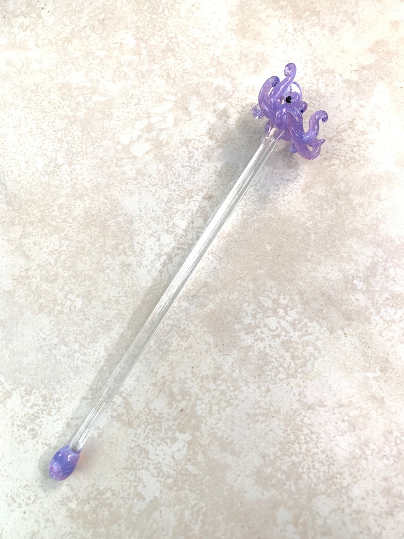 Hand Blown Glass Octopus Swizzle Stick, Cocktail Stirrer Beach Bar Accessory image 10