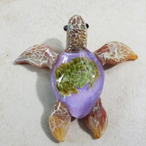 Green Sea Turtle Pendant Blown Glass Jewelry or Lavender Beach Sea Glass Sea Turtle made by Glass Blowing mounted on a Choker for Him image 8