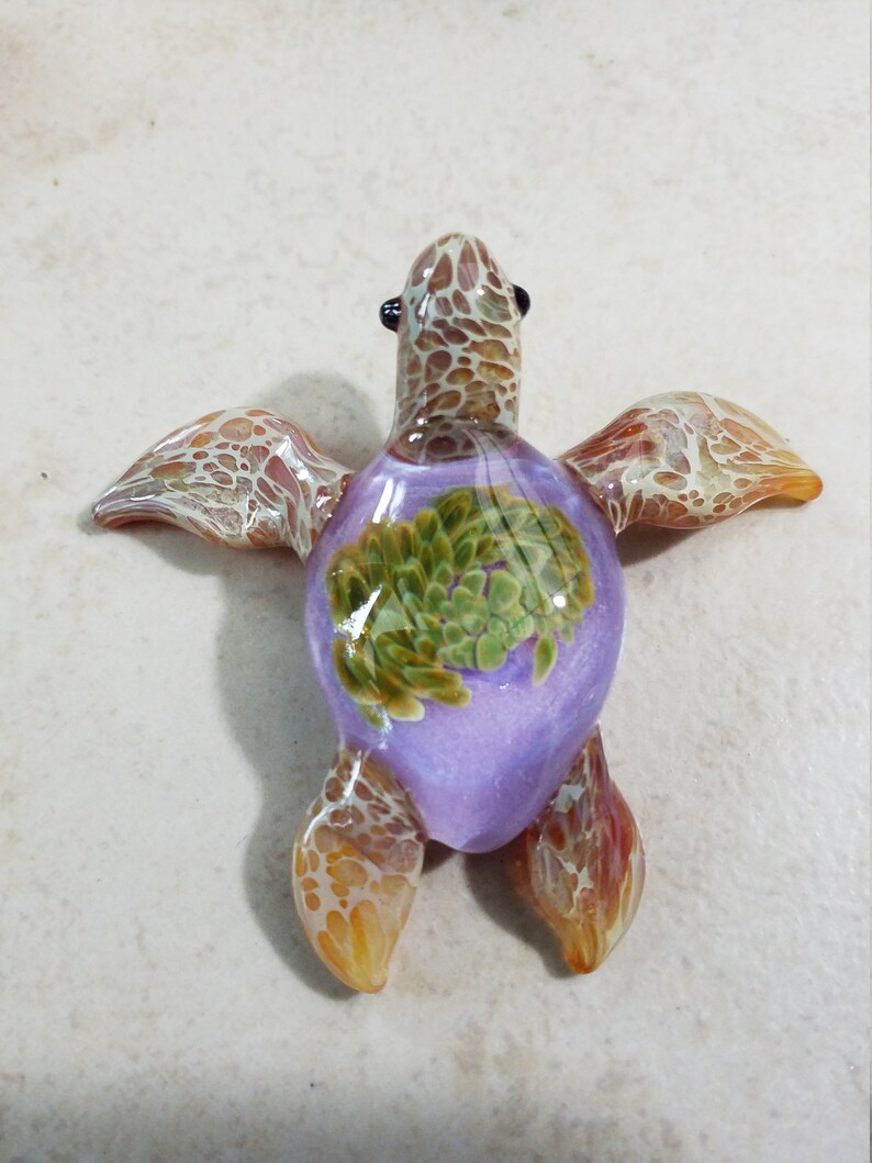 Green Sea Turtle Pendant Blown Glass Jewelry or Lavender Beach Sea Glass Sea Turtle made by Glass Blowing mounted on a Choker for Him image 8