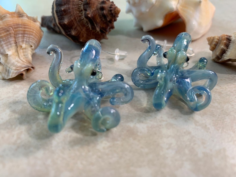 Blue Pearl Octopus Earrings Glass Jewelry Kraken Dangle Earrings Girlfriend Gift for Her a Gift Idea image 1