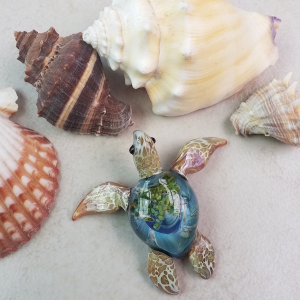 Mom Gift Beach Glass Pendant Green Sea Turtle Rescue Save the Ocean Sea Glass Jewelry