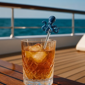 May include: A cocktail glass with a diamond pattern filled with an amber-colored drink and ice cubes. A blue octopus-shaped stirrer is in the drink. The background shows a wooden deck, a railing, and the ocean.