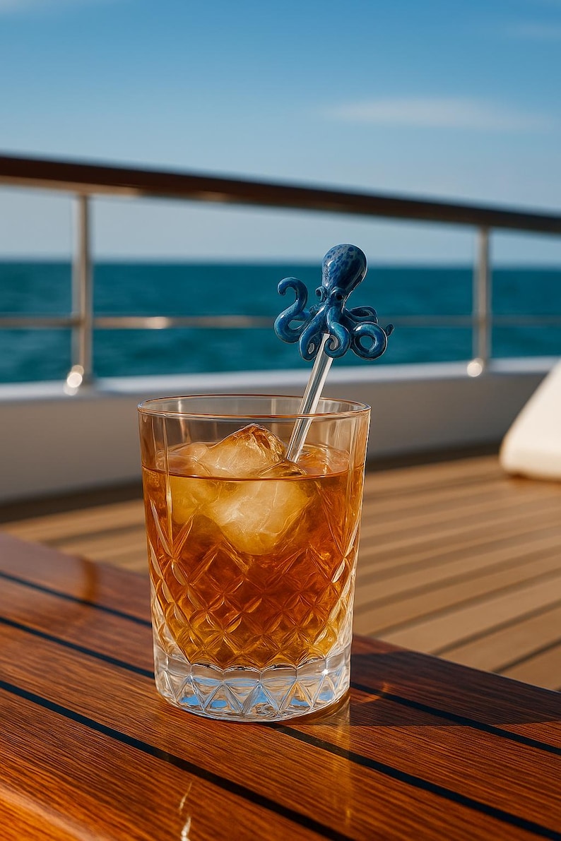 May include: A cocktail glass with a diamond pattern filled with an amber-colored drink and ice cubes. A blue octopus-shaped stirrer is in the drink. The background shows a wooden deck, a railing, and the ocean.