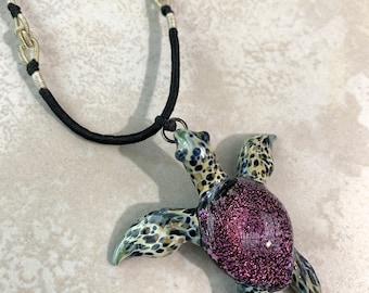 Dichroic Sea Turtle Pendant: Purple Lavender Glass Beach Art Necklace
