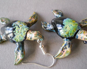 Green Sea Turtle Earrings, Silver Jewelry, Ocean Nature Graduation Love Gift, Blown Glass Earring