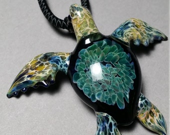 Turquoise Sea Turtle Necklace, Blown Glass Pendant, Turtle Jewelry, Sea Glass Series