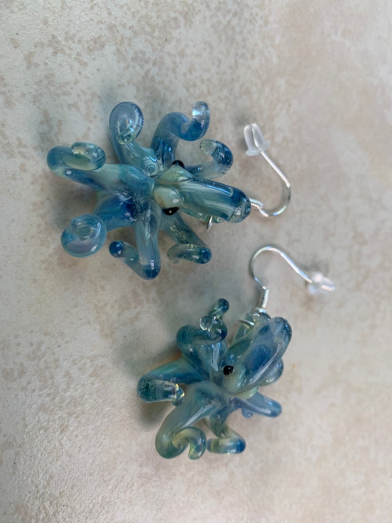 Blue Pearl Octopus Earrings Glass Jewelry Kraken Dangle Earrings Girlfriend Gift for Her a Gift Idea image 4