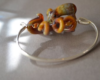 Glass Octopus Bracelet: Silver Plated Cuff, Sea Jewelry