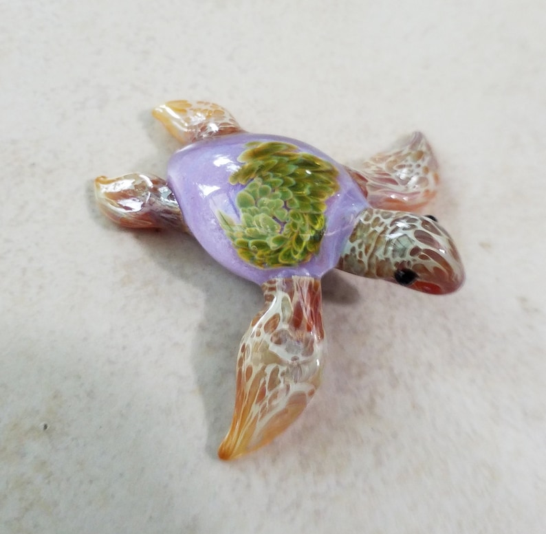 Green Sea Turtle Pendant Blown Glass Jewelry or Lavender Beach Sea Glass Sea Turtle made by Glass Blowing mounted on a Choker for Him image 2