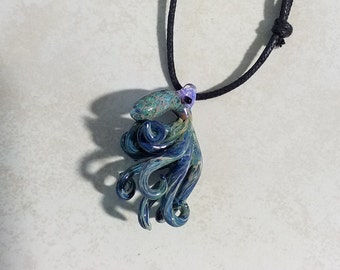 Endangered Octopus Pendant, Octopus Jewelry, Mens Gift for Him Octopus Necklace, Sea Glass color, Blown Glass Jewelry
