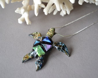 Dichroic Sea Turtle Pendant Beach Party Necklace