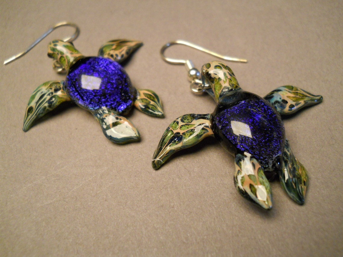 Blue/Purple Sea Turtle Earrings Blown glass seaturtle jewelry | Etsy