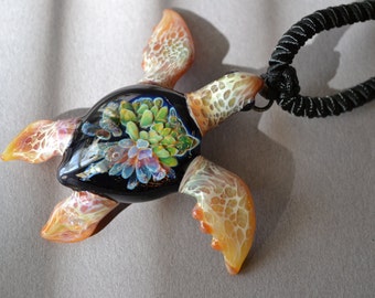 Glass Sea Turtle Necklace with an Anemone Sea Creature  inside the Shell