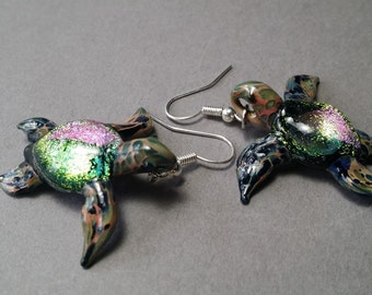 Handmade Sea Turtle Dangle Earrings Ocean Theme Aquatic Blown Glass Jewelry