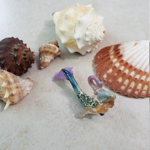 Pode incluir: Uma estatueta de sereia de vidro com cauda azul e roxa, torso verde manchado e pele bronzeada. V&aacute;rias conchas de v&aacute;rios tamanhos e cores circundam a sereia, incluindo uma grande concha de concha creme.