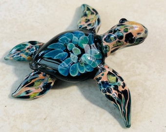 Hand Blown Sea Turtle Pendant: Nautical Glass Necklace Gift