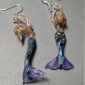 Mermaid Earrings Blown Glass Ocean Art Mermaid Figurine Boho Style Jewelry Beach Lovers Gift Mermaids Purple Earrings Sea Life Jewelry
