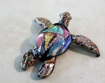 Sea Turtle Sculpture or Pendant Necklace Turtle Jewelry with Dichroic Ocean Jewelry with coloring in theTurtle Shell, Office Gift