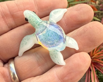 Handmade Glass Sea Turtle Necklace: Opaque White & Turquoise Blown Glass Pendant Jewelry