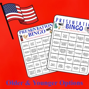 May include: Two white Presentation Bingo game cards with black grid lines and text, featuring the title Presentation Bingo Classical Conversations Cycle 3, illustrations of a flag, airplane, and statue, set against a bright red background.