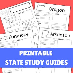 May include: Printable state study guides on white paper with black text. Each guide features a state outline, and sections for capital, population, nickname, landmark, bird, tree, and animal. The guides are on a red background.