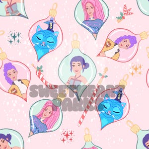 May include: A repeating pattern of Christmas ornaments with cartoon characters and a blue cat. The ornaments are in a variety of colors, including pink, blue, and purple, with a light pink background. The text "SWEETHEART PARKS" is visible.
