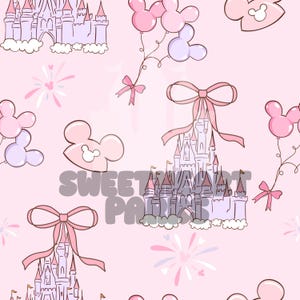 May include: A pink and purple seamless pattern featuring a cartoon castle, Mickey Mouse ears, balloons, and fireworks. The background is a light pink color.
