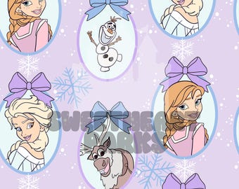Puede incluir: Un fondo morado con un patrón repetido de marcos ovalados con diferentes personajes de la película Frozen. Los marcos están decorados con lazos morados y azules. Los personajes incluyen Elsa, Anna, Olaf y Sven.