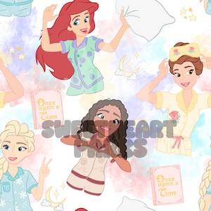 May include: A seamless pattern featuring cartoon illustrations of Disney princesses in pajamas. The princesses are depicted in various poses, with soft pastel colors and elements like pillows, moons, and stars. The text "Once upon a Time" is also visible.