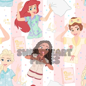 May include: A repeating pattern featuring cartoon illustrations of Disney princesses in pajamas. The princesses are set against a pink and white striped background with stars, moons, and polka dots. The text "Once upon a Time" is visible on a book.