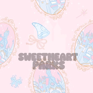 Puede incluir: Patrón rosa con ilustraciones de castillos en marcos ovalados, un sombrero de mago y un lazo. El texto "SWEETHEART PARKS" está superpuesto en la imagen.
