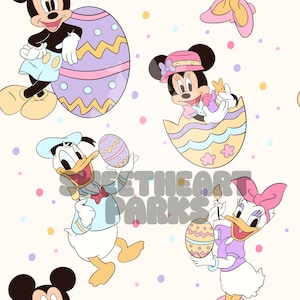 May include: Easter-themed pattern featuring Mickey Mouse, Minnie Mouse, Donald Duck, and Daisy Duck. The characters are depicted with Easter eggs and in festive attire. The background is a light cream color with pastel polka dots.