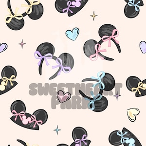 May include: A repeating pattern of black mouse ear headbands with pastel bows in pink, yellow, blue, and purple. The background is a light peach color with hearts and stars. The text "Sweetheart Park" is visible.