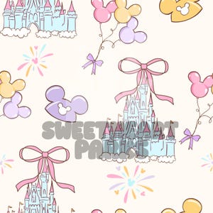 May include: A seamless pattern featuring a light blue castle with pink and yellow accents, pink bows, Mickey Mouse ears, and fireworks. The background is a light cream colour.