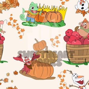May include: A whimsical fall-themed pattern featuring cartoon characters, pumpkins, apples, and autumn leaves. The design includes a green chameleon, a red crab, and a snowman, all set against a cream background, creating a festive and playful aesthetic.