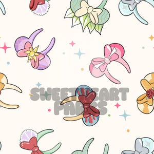 Puede incluir: Patrón repetido de lazos y acentos florales de estilo caricatura sobre un fondo crema. Los lazos son de varios colores, incluyendo rosa, morado, verde y rojo, con elementos decorativos como flores y estrellas. El texto "SWEETHEART PADS" es parcialmente visible.